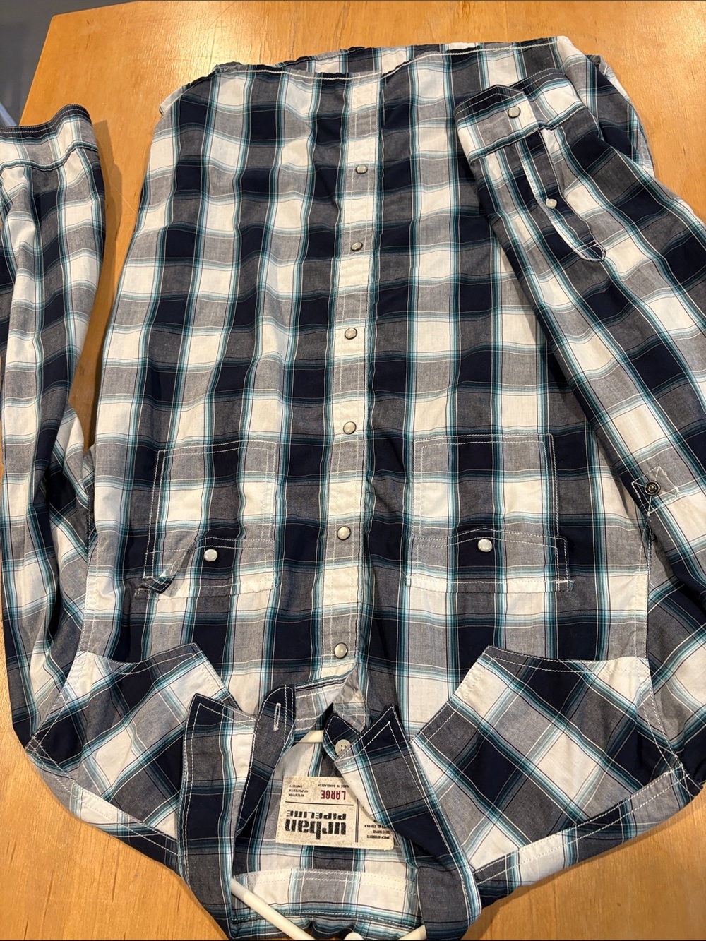 urban pipeline ~ Men's Navy and White Plaid Snap Western Shirt
